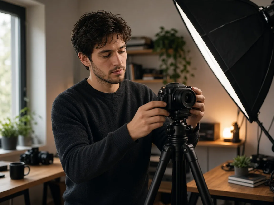 Video creator adjusting a camera in a studio